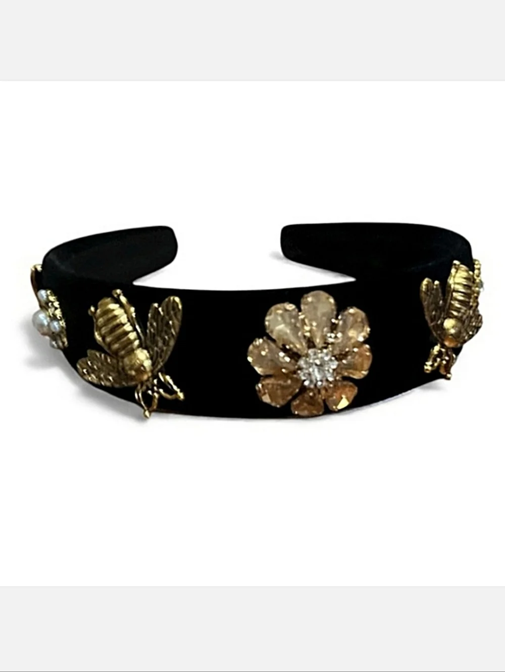 Black Velvet Headband Baroque Gold Bee & Flower Crystal Charms Hair Accessories